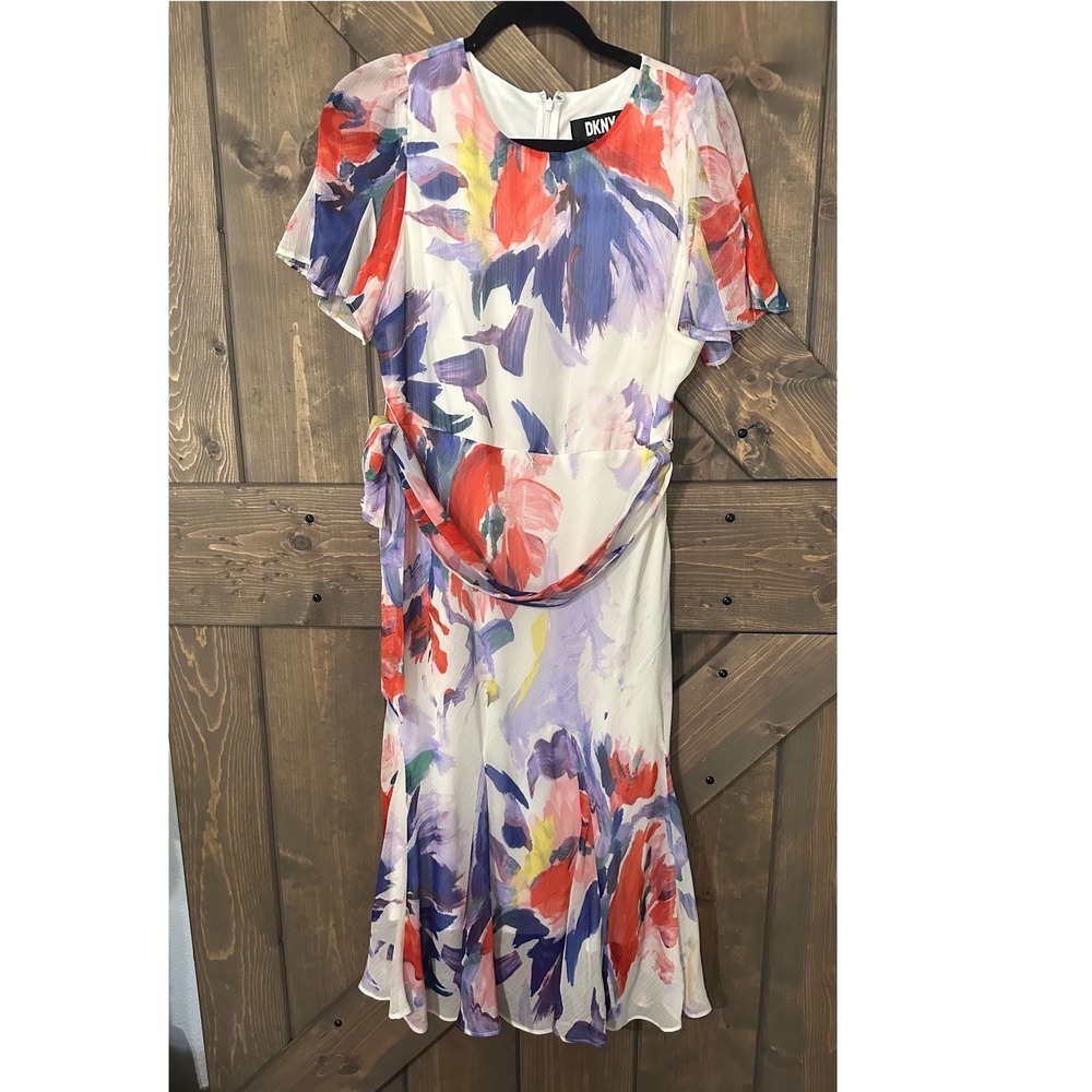 DKNY Floral Print Dress Midi Sheath Flutter Sleeve Party Cocktail Size 8
